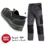Costum de lucru practic: Pantaloni salopeta si Pantofi de protectie