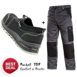Costum de lucru practic: Pantaloni salopeta si Pantofi de protectie
