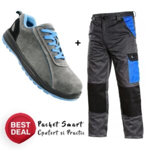 Costum de lucru practic: Pantaloni salopeta si Pantofi S1 | gri-albastru