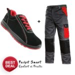Costum de lucru practic: Pantaloni salopeta si Pantofi S1 | rosu-negru