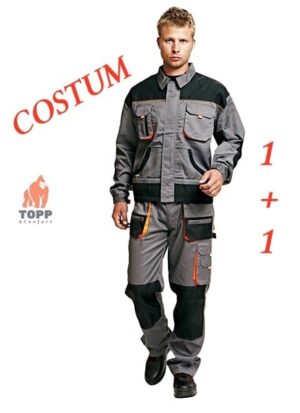 Costum pantaloni talie + jacheta gri portocaliu