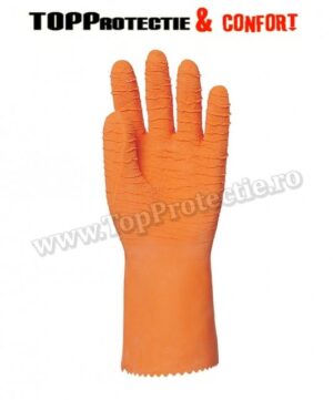 Manusi protectie din bumbac imersat în latex crep portocaliu, rezistent la acide